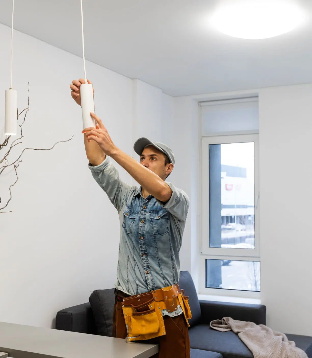 électricien installant une lampe suspendue