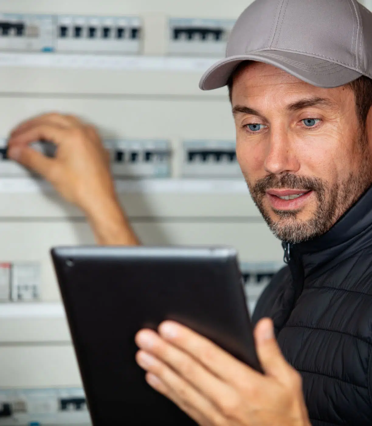 électricien actionnant le bouton du disjoncteur